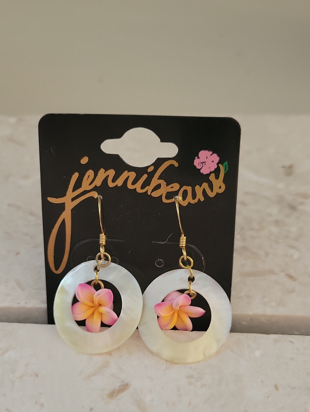 Pink & Yellow Plumeria Mother-of-Pearl Hoop Earrings